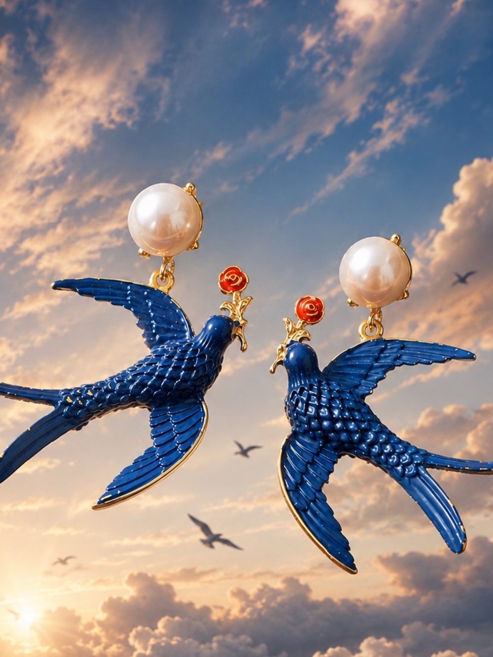 Blue Bird Drop Earrings with Pearl and Red Rose